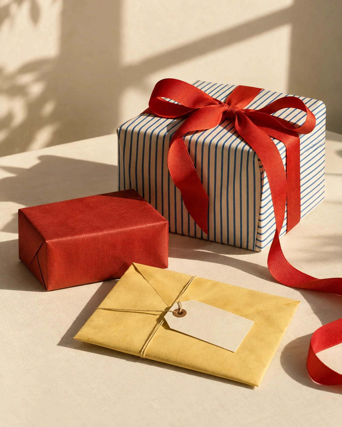 Thoughtfully wrapped gifts with a red ribbon and a gift-tag envelope